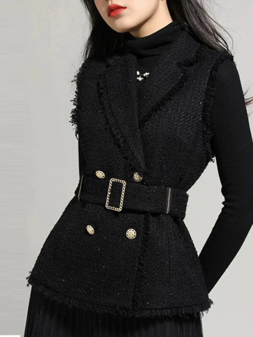 （商场同款）新女装2024秋冬羊毛黑色小香风系腰带睫毛边衬衫