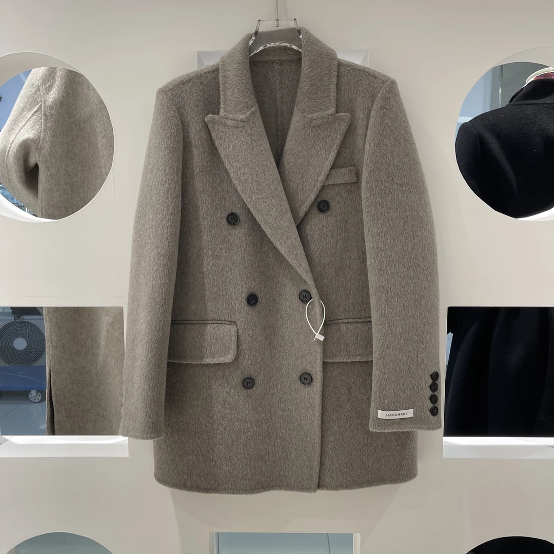 AnRan双面羊绒大衣女2025秋冬新款韩系小个子西装领纯色羊毛外套