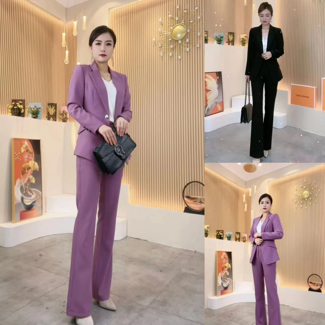 2025春秋季紫色修身显瘦气质女神范西服微喇裤流行女装两件套套装