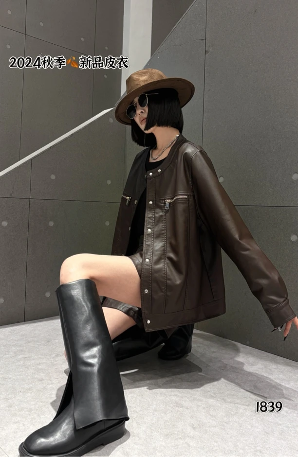 ZO大码女装ou外套无领款皮衣外套洋气显瘦气质宽松休闲