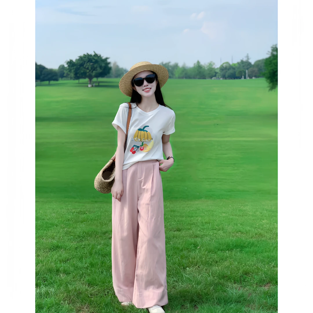 南瓜印花短袖T恤2024新款夏季休闲韩版搭配休闲高腰长裤小个子女