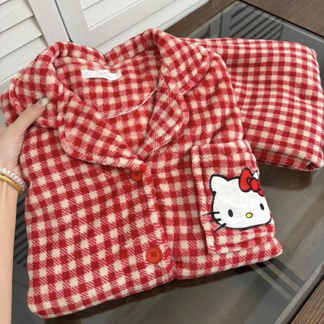 韩国HelloKitty珊瑚绒睡衣红色格圣诞新年春秋冬季保暖长袖少女生