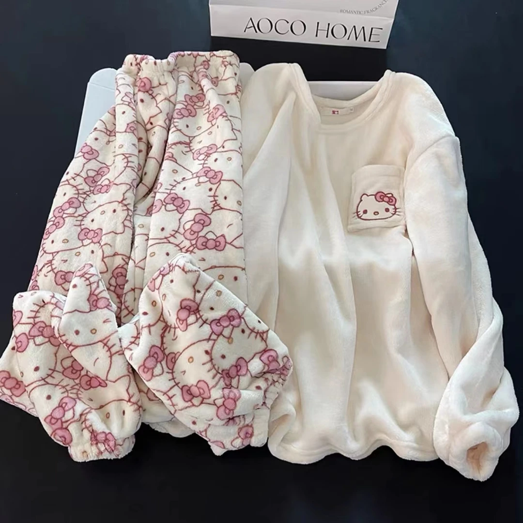 日系可爱hellokitty睡衣女冬季法兰绒加厚保暖网红卡通家居服套装