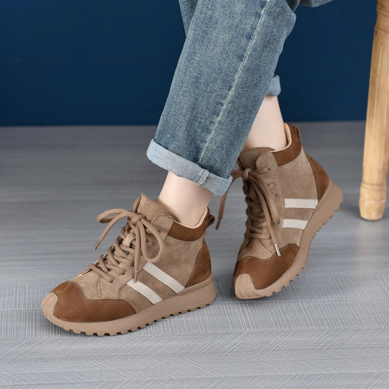 2024新款德训鞋女圆头拼色百搭真皮短靴厚底时尚手工鞋子高帮系带