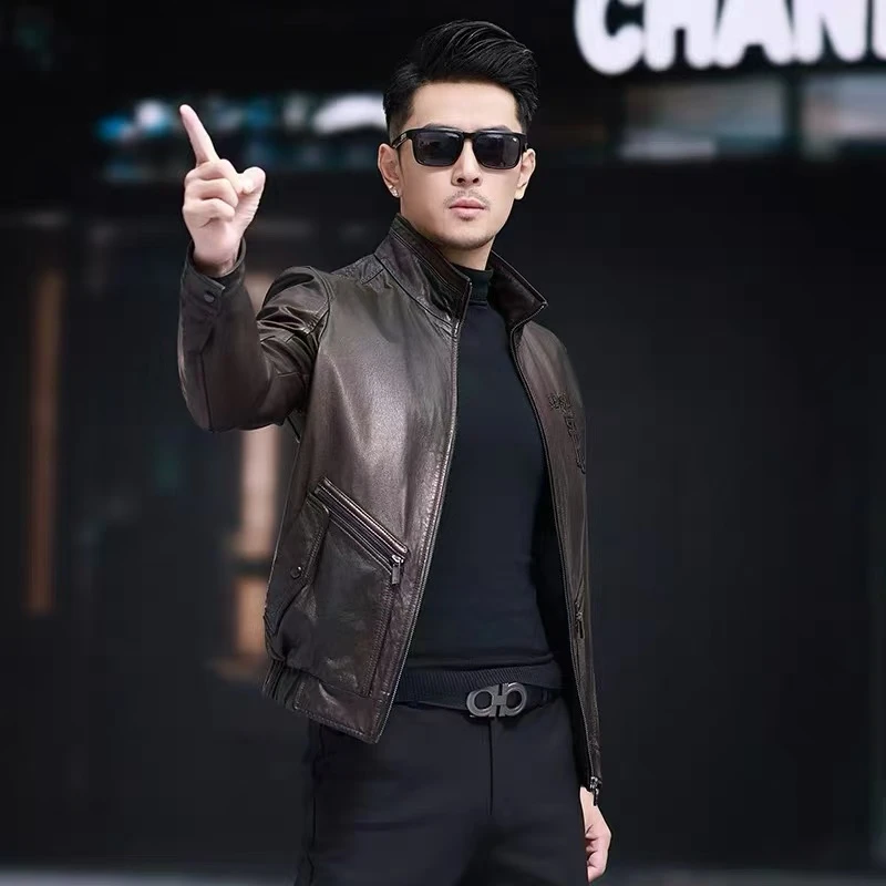 秋冬真皮皮衣男士立领拉链款渐变色油蜡牛皮夹克中青年商外套机车