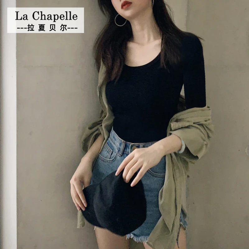 拉夏贝尔JS圆领露锁骨上衣女中袖百搭修身显瘦内搭T恤纯色打底衫