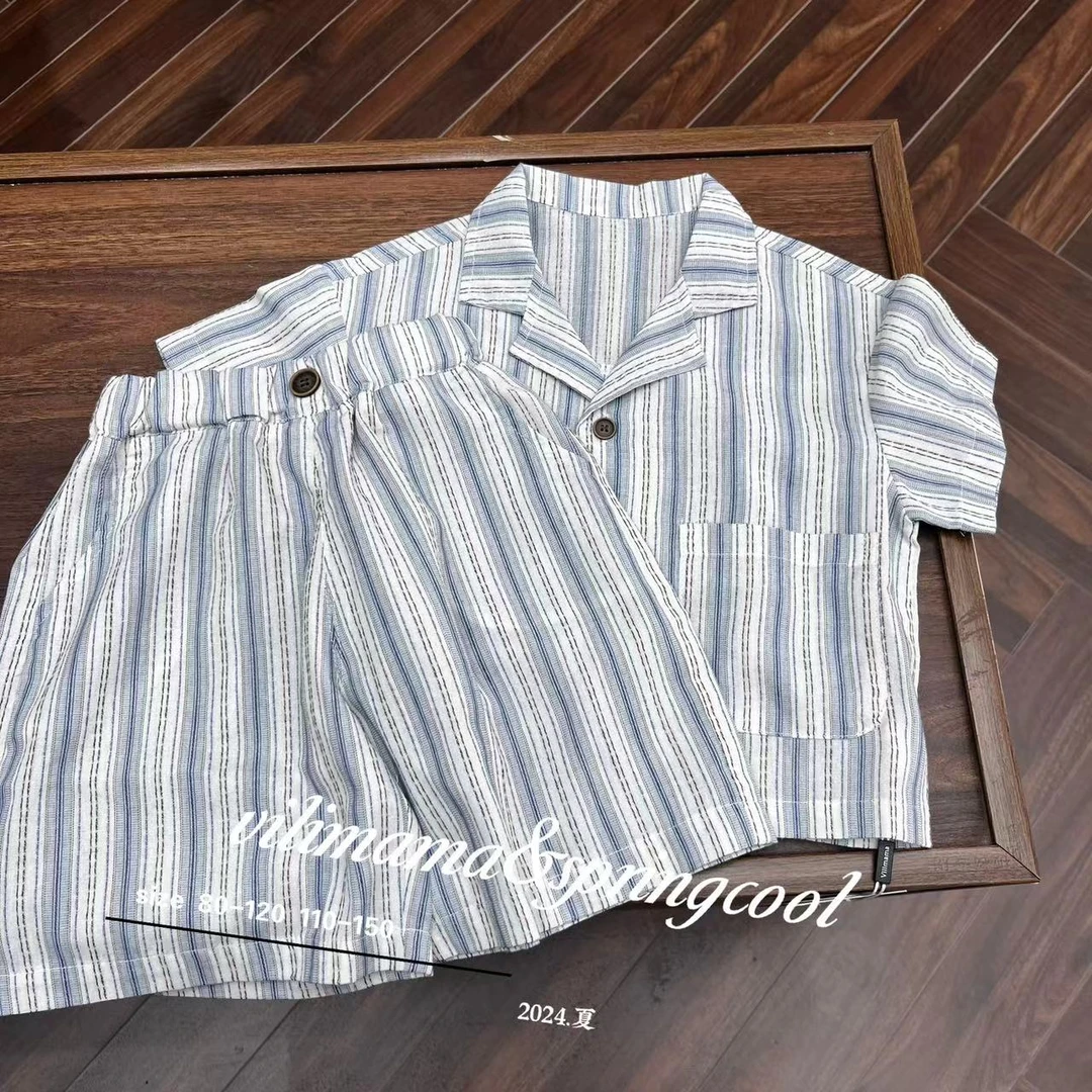 【断码福利】男童女童竖条纹翻领衬衫五分短裤套装V54220