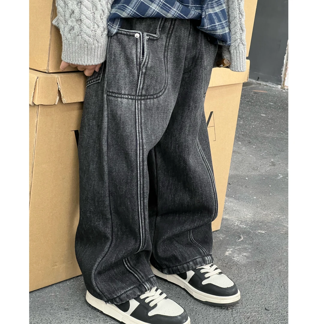 【80码-断码福利】一体绒加厚炭黑色异形口袋牛仔裤24386