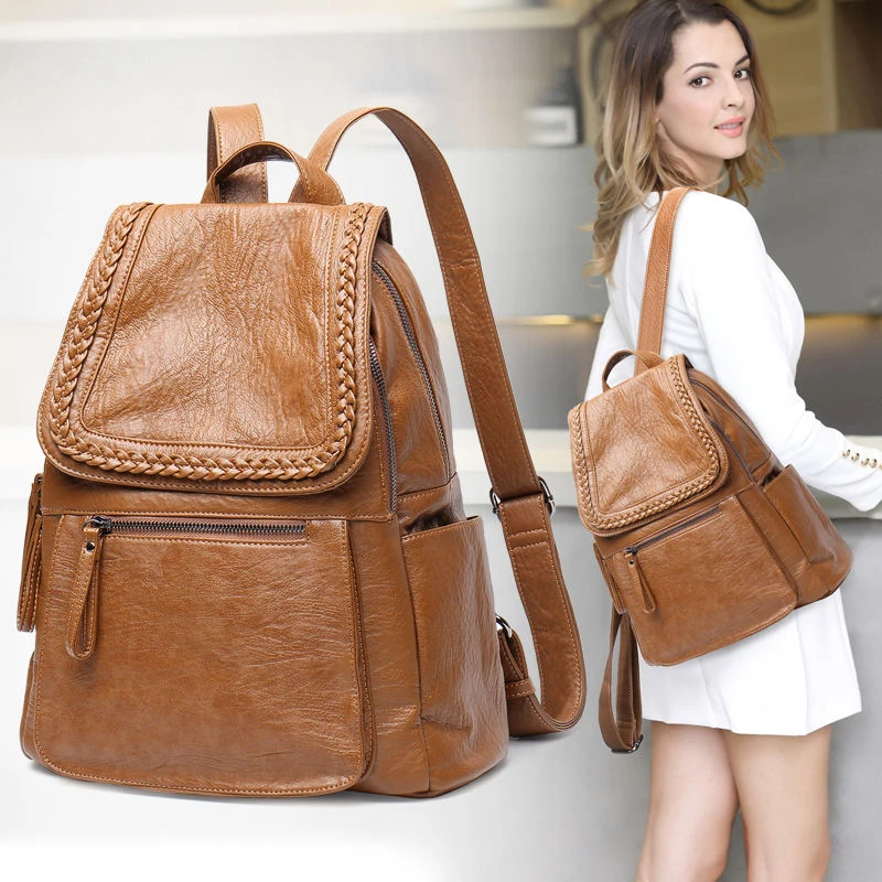 软皮双肩包女轻奢复古时尚女士双肩背包大容量翻盖防盗背包女包包