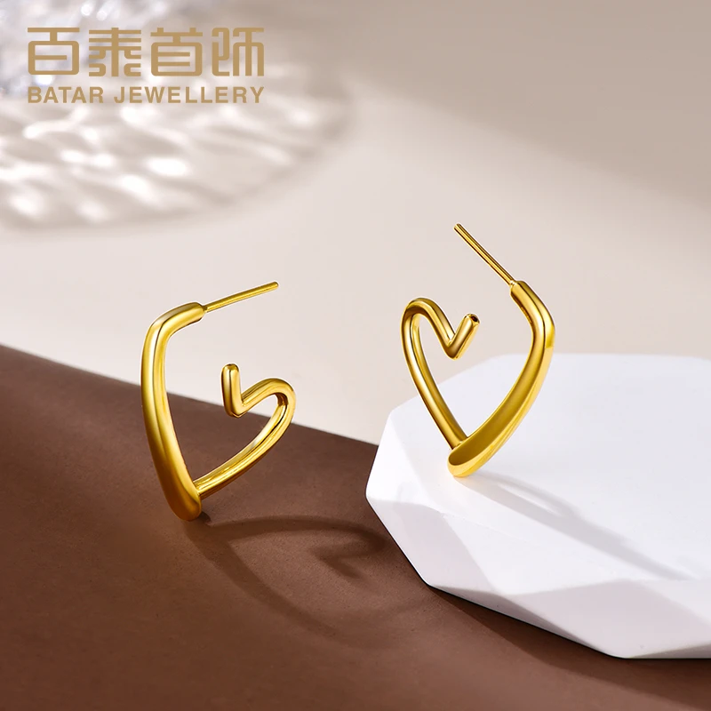 百泰首饰爱心黄金耳饰足金耳钉女金耳坠心形硬金桃心光面耳环耳扣