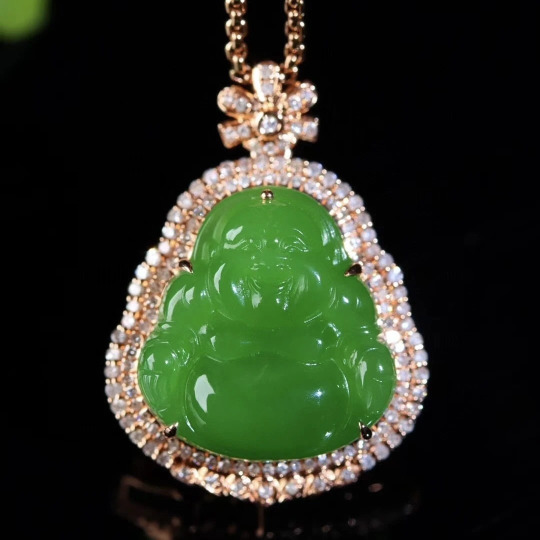 俄料碧玉高色苹果绿冰底重金豪镶18k金弥勒佛时尚高端大气