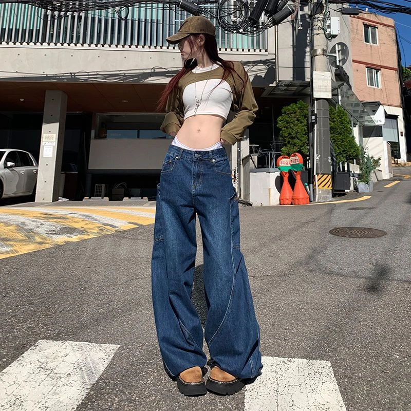 KRO元气百搭日系少年感街头弯刀牛仔裤女拼接显瘦宽松版型