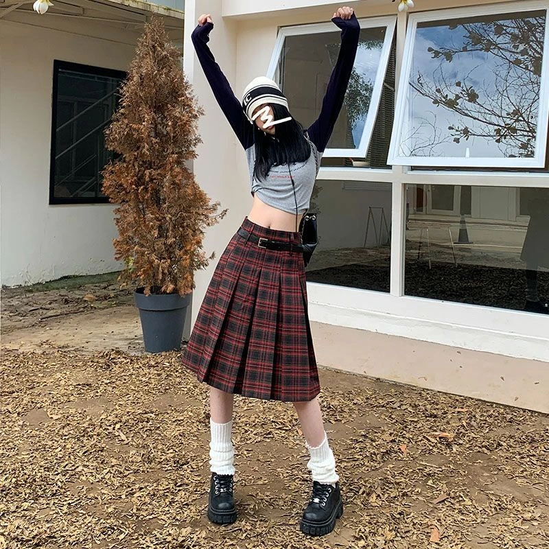 KRO美式复古学院风格JK百褶裙女秋冬红色格子半身裙