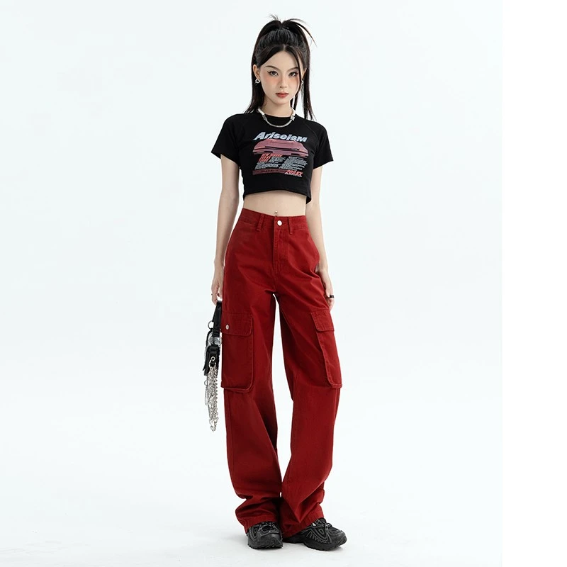 KRO红色美式工装裤女2024新款机能风辣妹多口袋休闲宽松阔腿长裤
