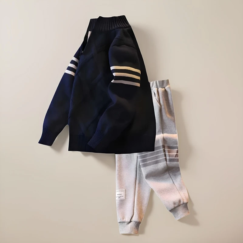 男童毛衣秋冬两件套中大童高领儿童针织衫加绒加厚裤子套装外套潮