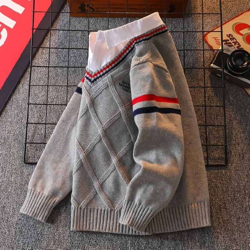 男童学生假两件毛衣新款儿童打底针织毛线衫中大童加绒加厚秋冬装