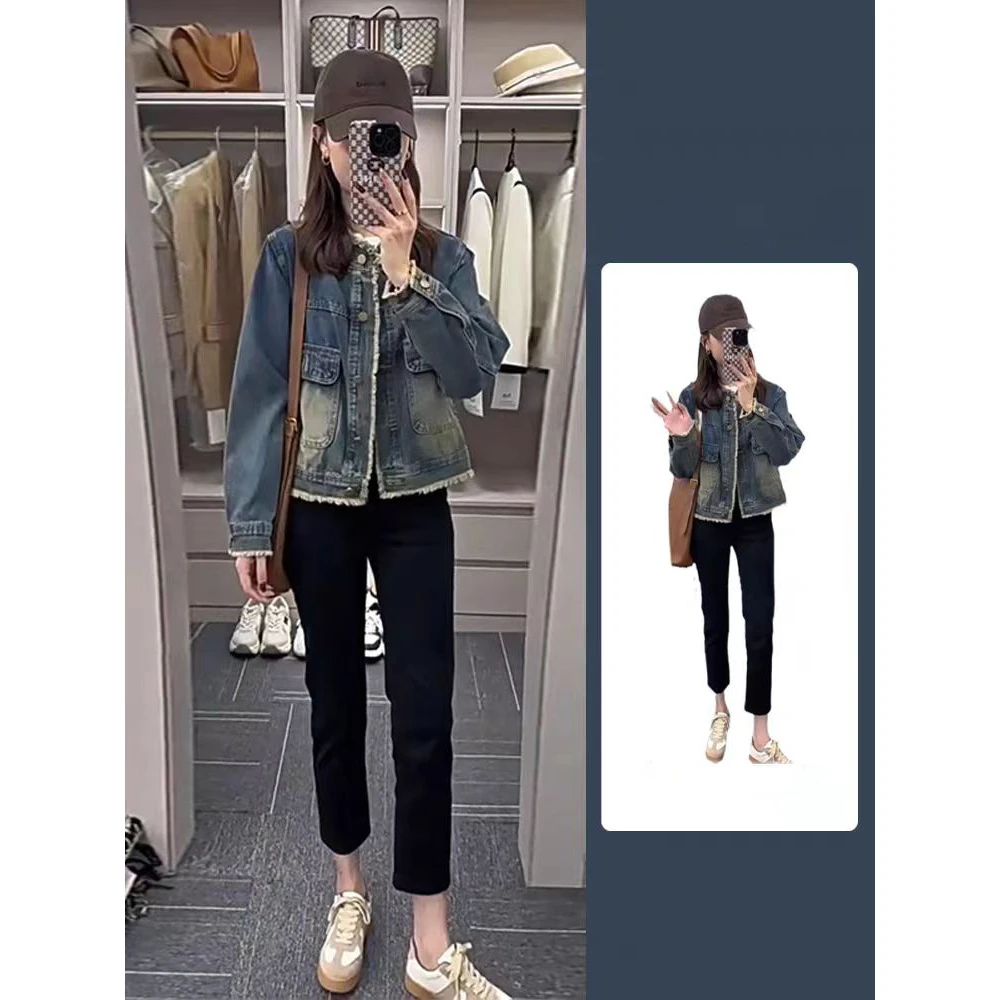 复古水洗流苏立领牛仔外套女春秋设计感小众显瘦百搭短款夹克上衣