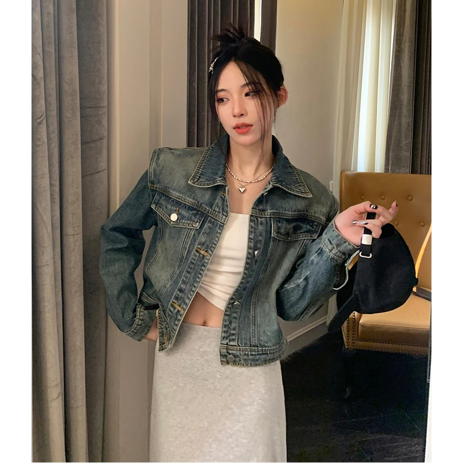 春季新款美式复古短款牛仔少女外套水洗设计感宽松百搭夹克上衣女