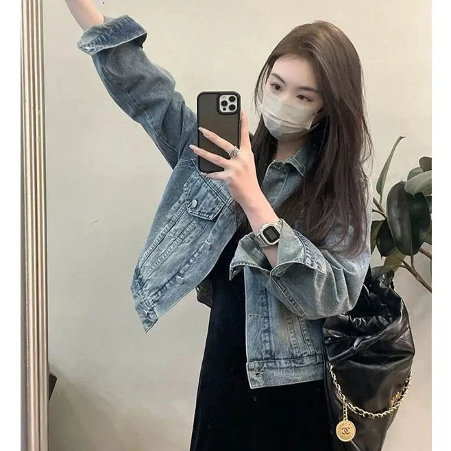 2037#春秋新款宽松短款夹克长袖上衣2025休闲水洗复古牛仔外套女