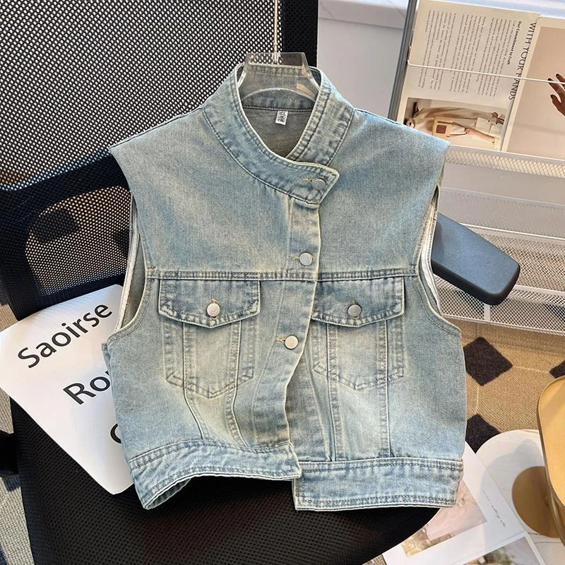 复古垫肩牛仔马甲女夏季新款洋气坎肩马夹外套设计感无袖上衣女款