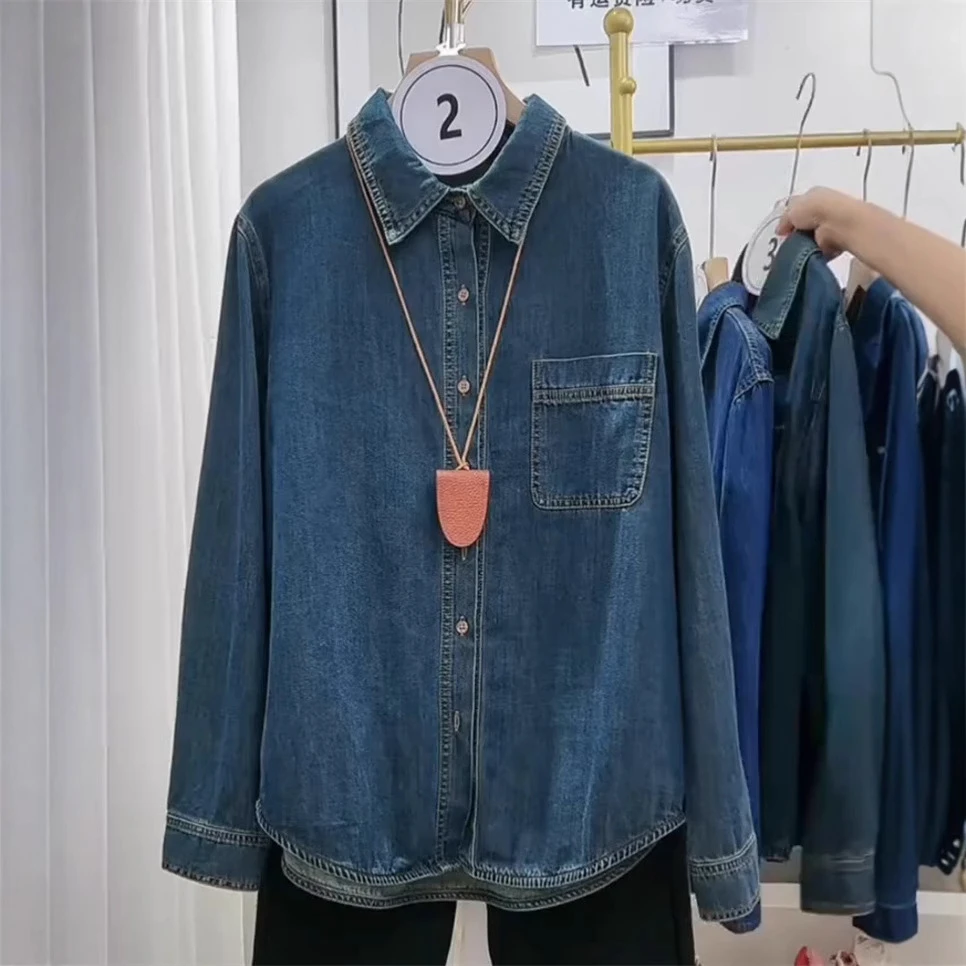 复古港风显瘦牛仔衬衫女秋冬季新款宽松内搭百搭上衣蓝色衬衣外套