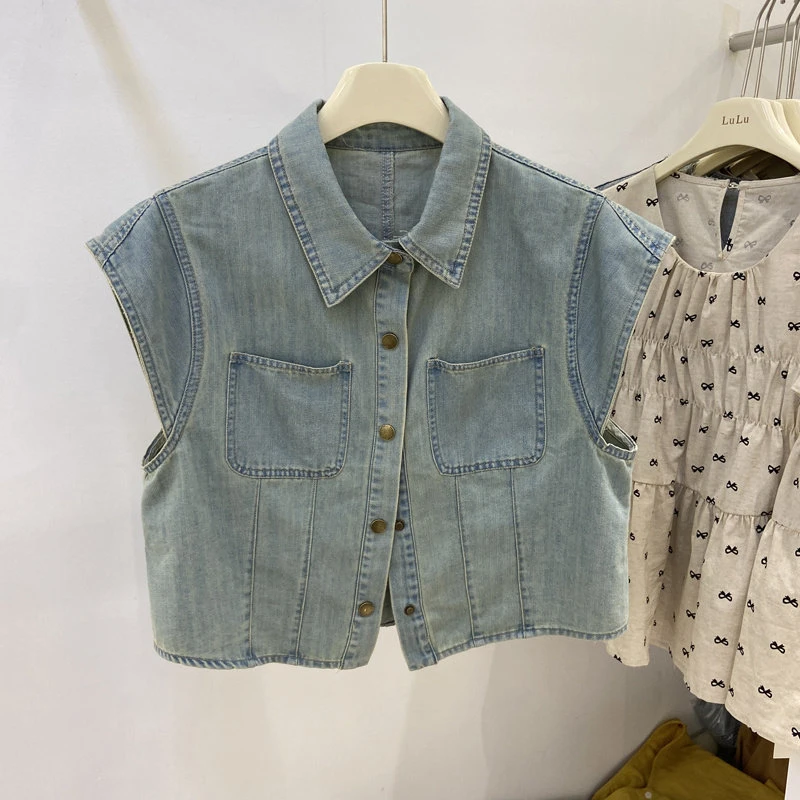 复古翻领无袖牛仔马甲背心女2025年夏季新款小个子休闲百搭短外套