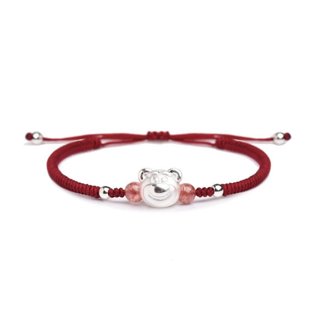 足银布艺手链 999足银草莓熊手链绳编织红绳情侣闺蜜时尚小众礼物