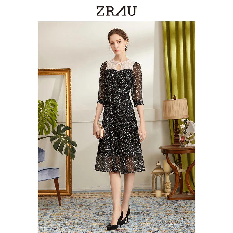 ZRAU经典黑底粉色印花浪漫优雅中袖连衣裙91130435978