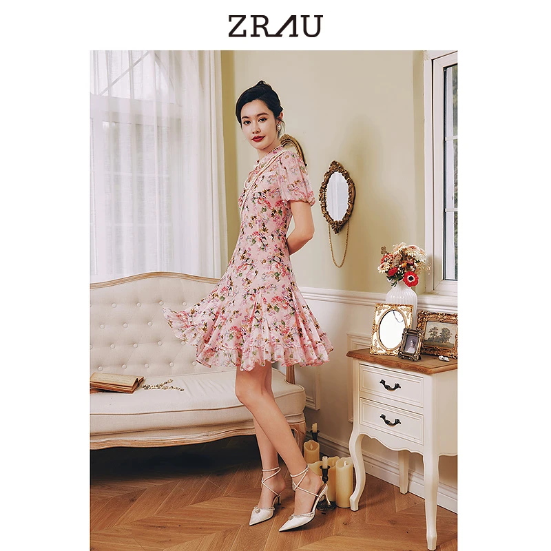 ZRAU温柔粉色桃花浪漫花卉灯笼袖设计桑蚕丝连衣裙91130321315