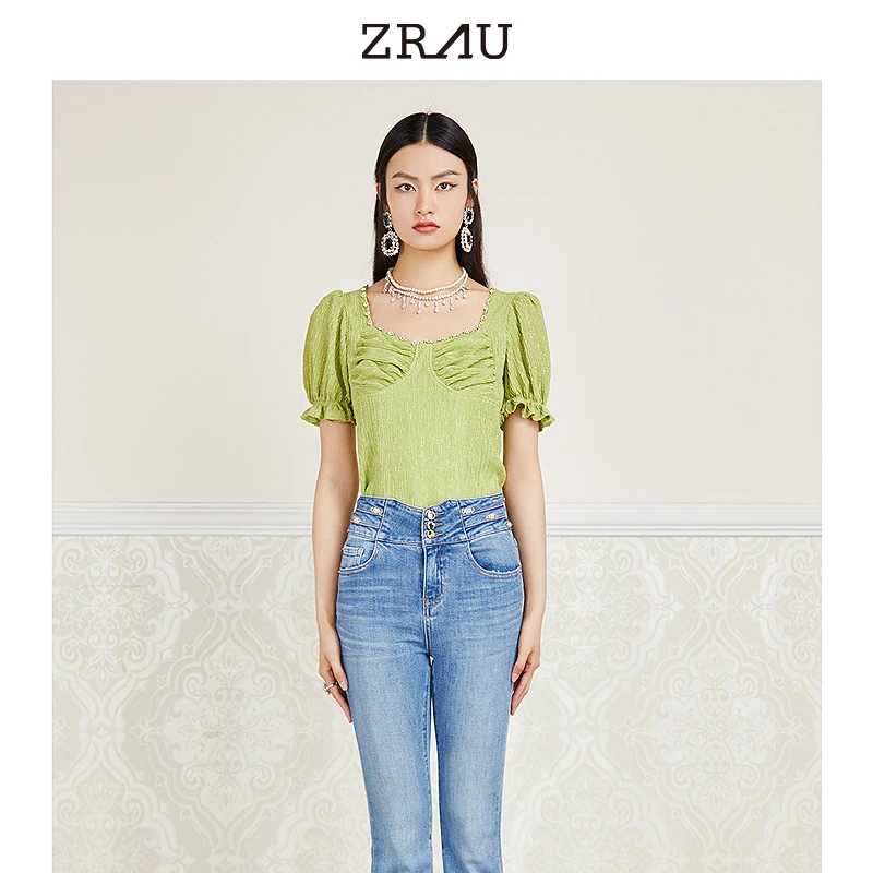 ZRAU清新鹦鹉绿精致优雅肌理感设计上衣91030221581