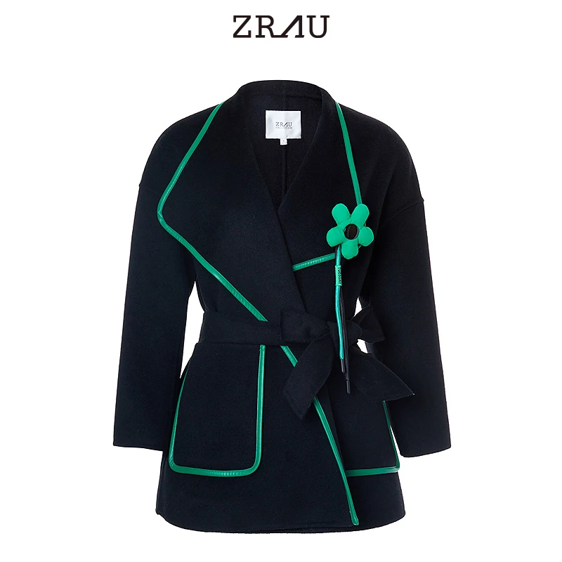 ZRAU秋冬撞色毛呢外套双面呢大衣91080043052