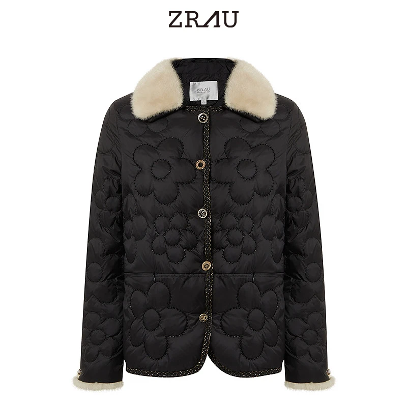 ZRAU水貂绒毛领艺术小花绗缝设计感保暖羽绒服91120143021