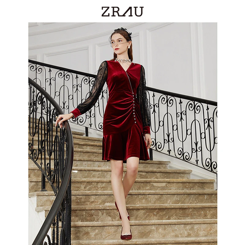 【媛媛女王专享】ZRAU气质名媛风蕾丝拼接连衣裙91130633022
