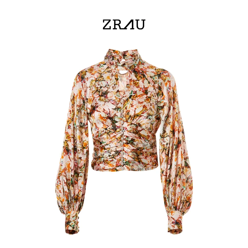 【媛媛女王专享】ZRAU柔和油画花卉修身印花百搭上衣91030413255