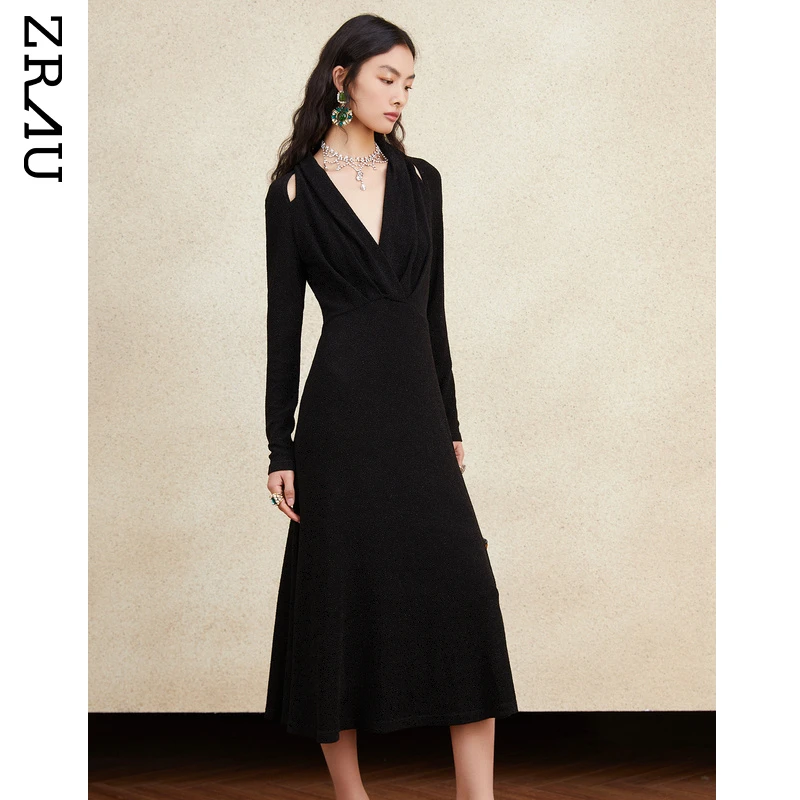 ZRAU春季新款茶歇式露肩V领收腰设计连衣裙91130613007