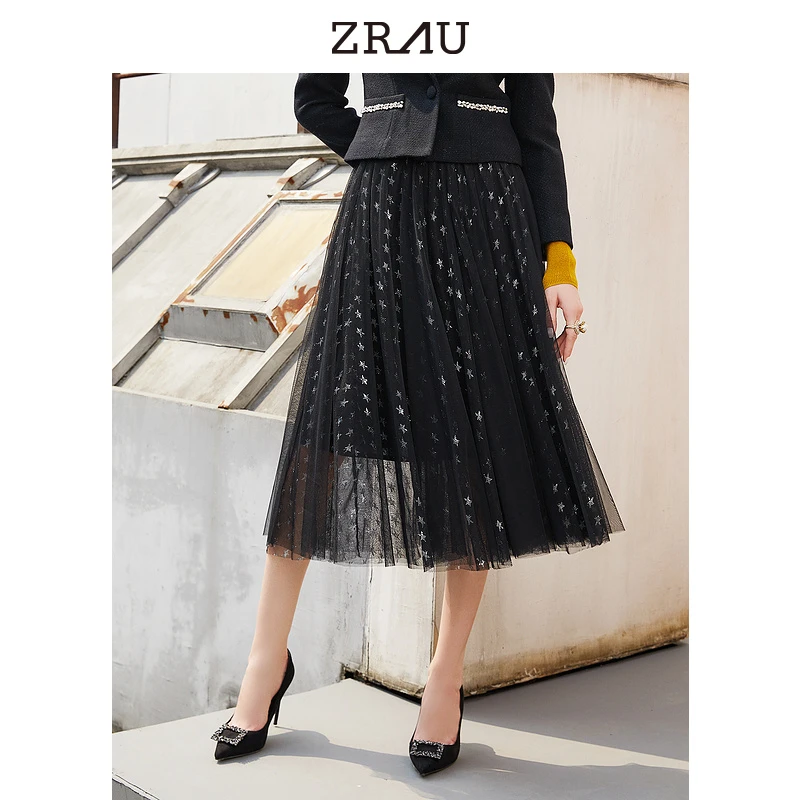 ZARU新品中长款五角星印花松紧腰网纱A字半身裙91180243121