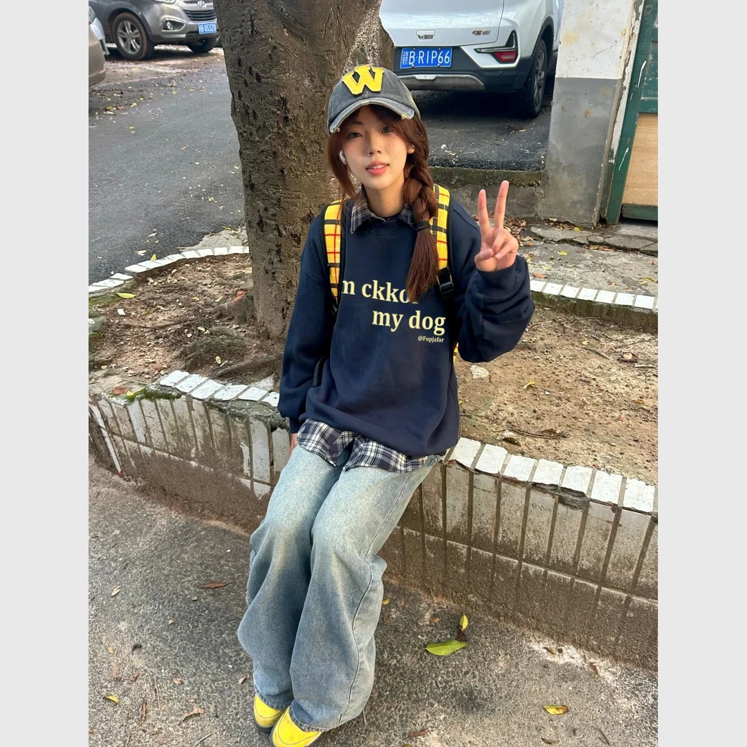 YWBY秋冬新款美式复古套头圆领卫衣女百搭印花ins慵懒风长袖上衣