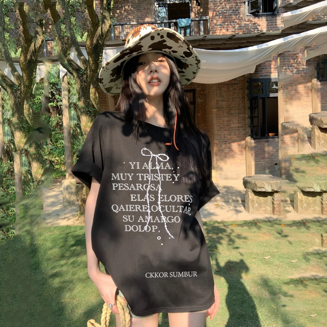 蝴蝶结国潮字母印花短袖T恤女夏季新款女装2025百搭上衣ins显瘦