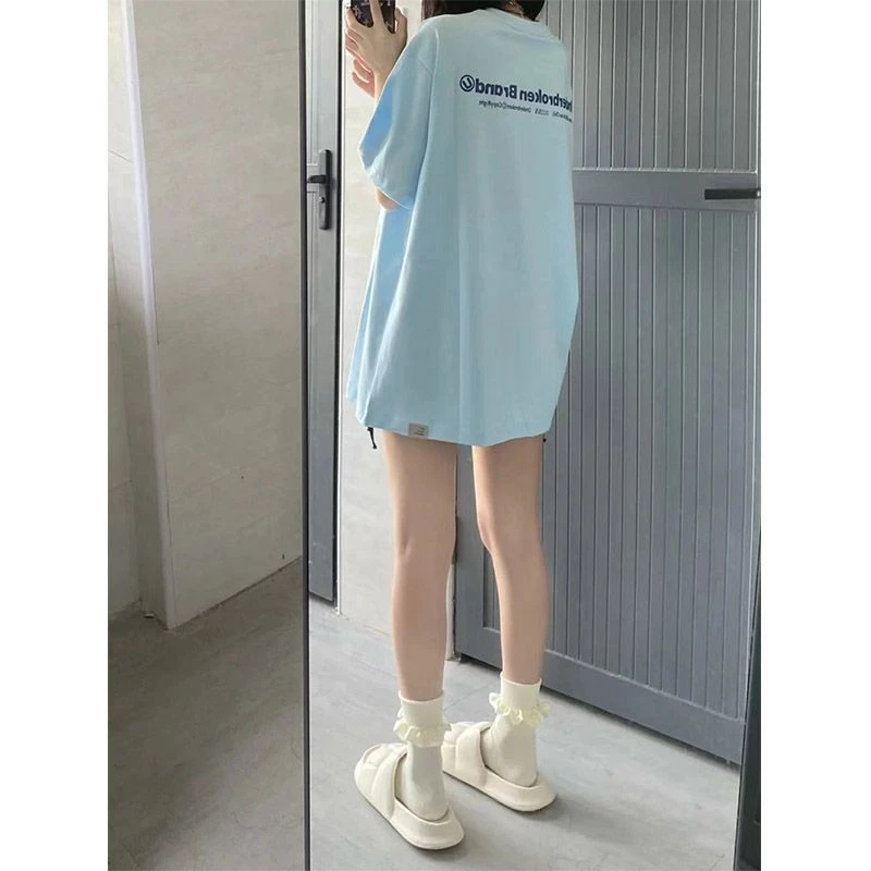 【纯棉短袖】奶蓝色字母印花t恤女夏季新款百搭ins宽松情侣装上衣潮