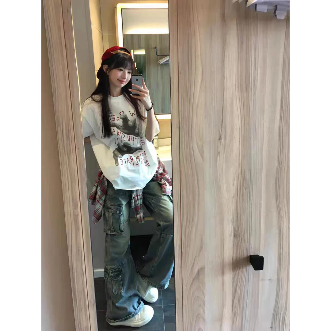 新款美式休闲夏季女装复古宽松印花百搭小众短袖t恤女街头圆领ins