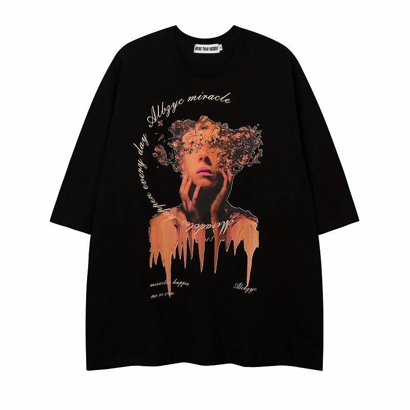 夏季新款洋气赫本黑色艺术印花t恤男女嘻哈亚比风暗黑系五分短袖