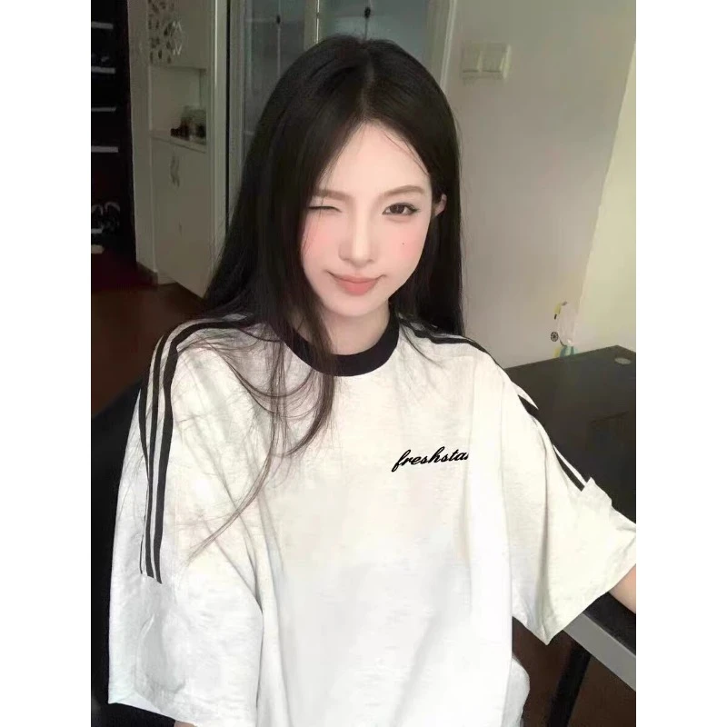 重磅硬挺纯棉白灰三杠短袖T恤女新款圆领2025字母印花夏季宽松ins