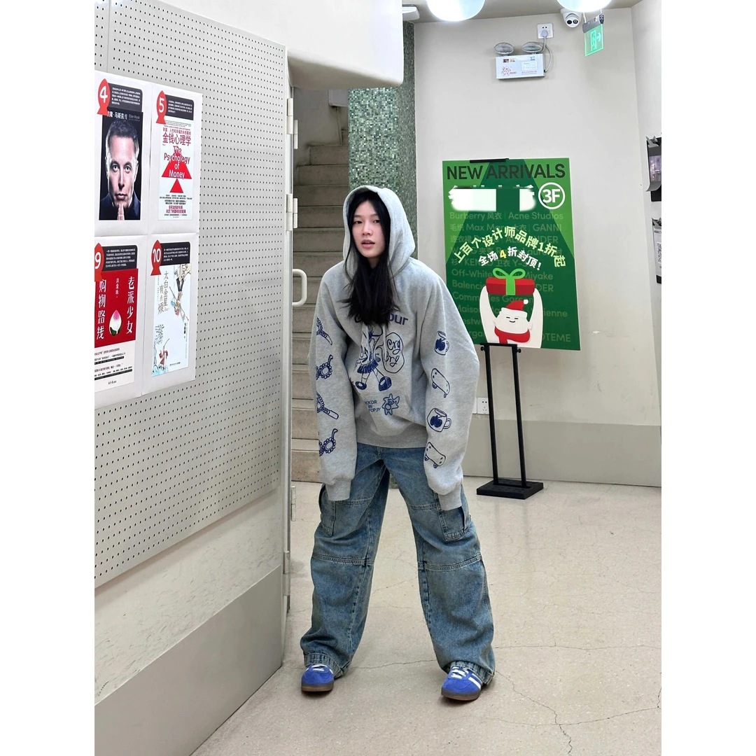 秋冬款加厚卡通印花连帽卫衣女美式时尚潮牌学院风设计感长袖上衣