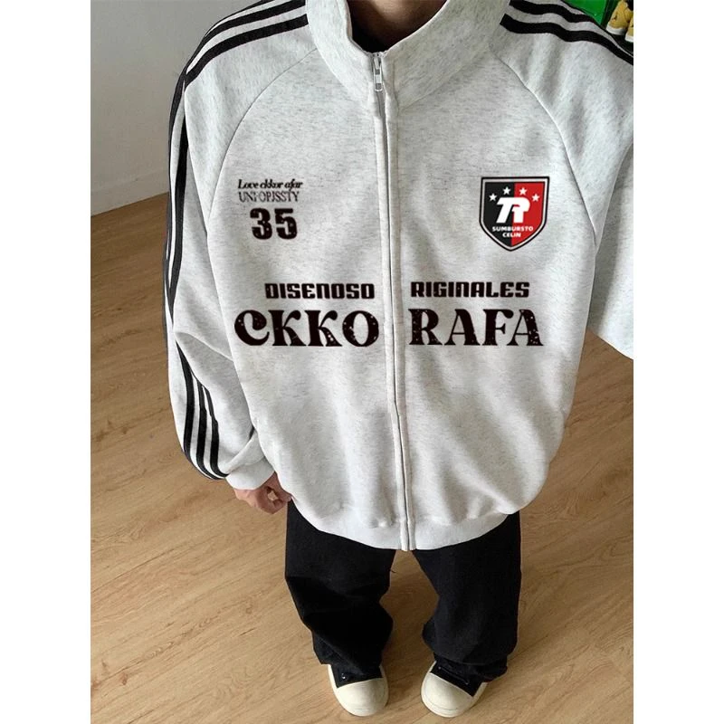 美式立领卫衣男女情侣款秋冬季潮牌印花ins风三条杠拉链开衫外套