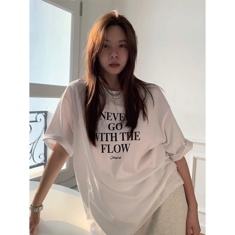 白色短袖t恤女夏季薄款韩版宽松休闲纯棉正肩体恤上衣