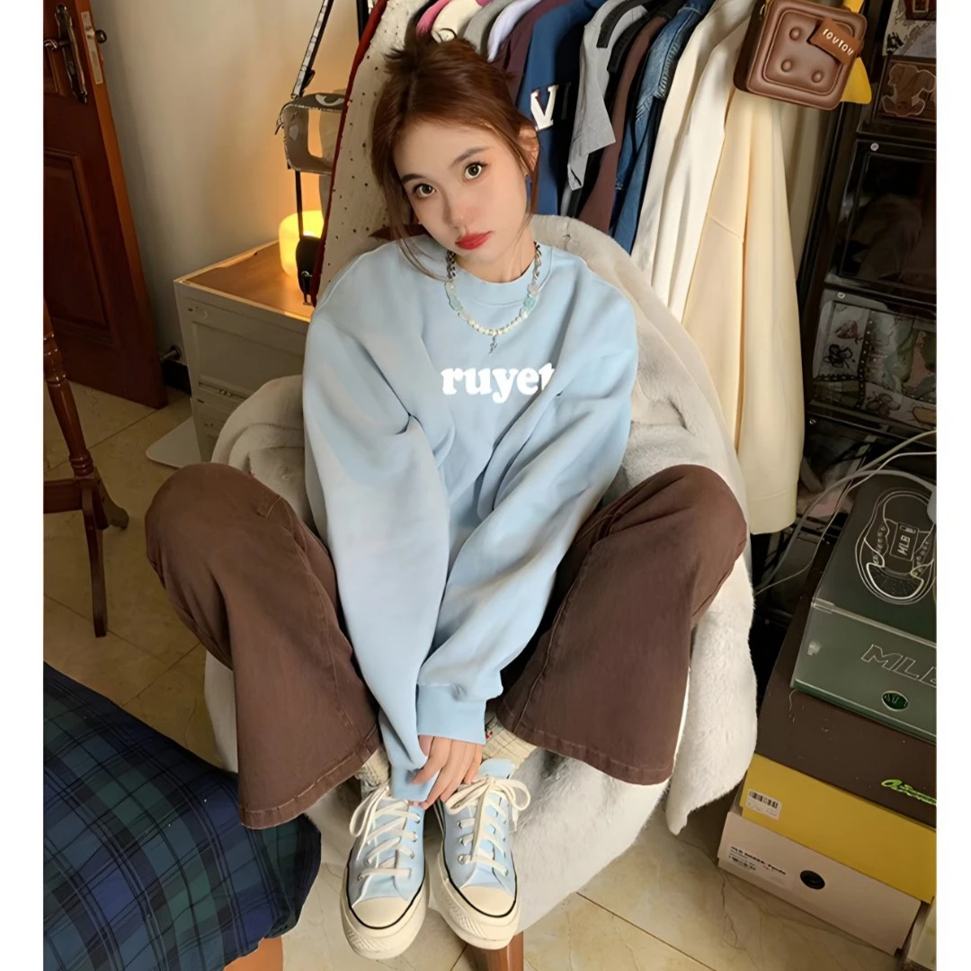 YWBY奶蓝色爆款薄款无帽卫衣女简约春季新款慵懒宽松洋气学生卫衣