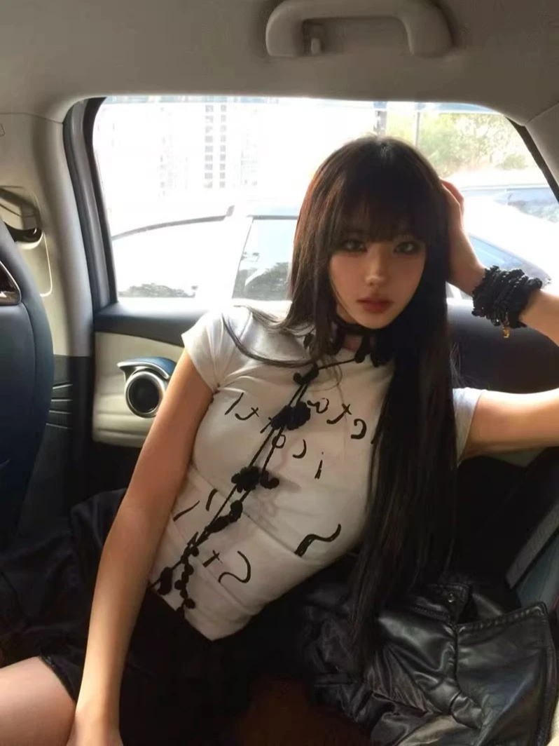 夏季新款女装辣妹装紧身白色纯棉短袖女T恤字母印花修身显瘦上衣