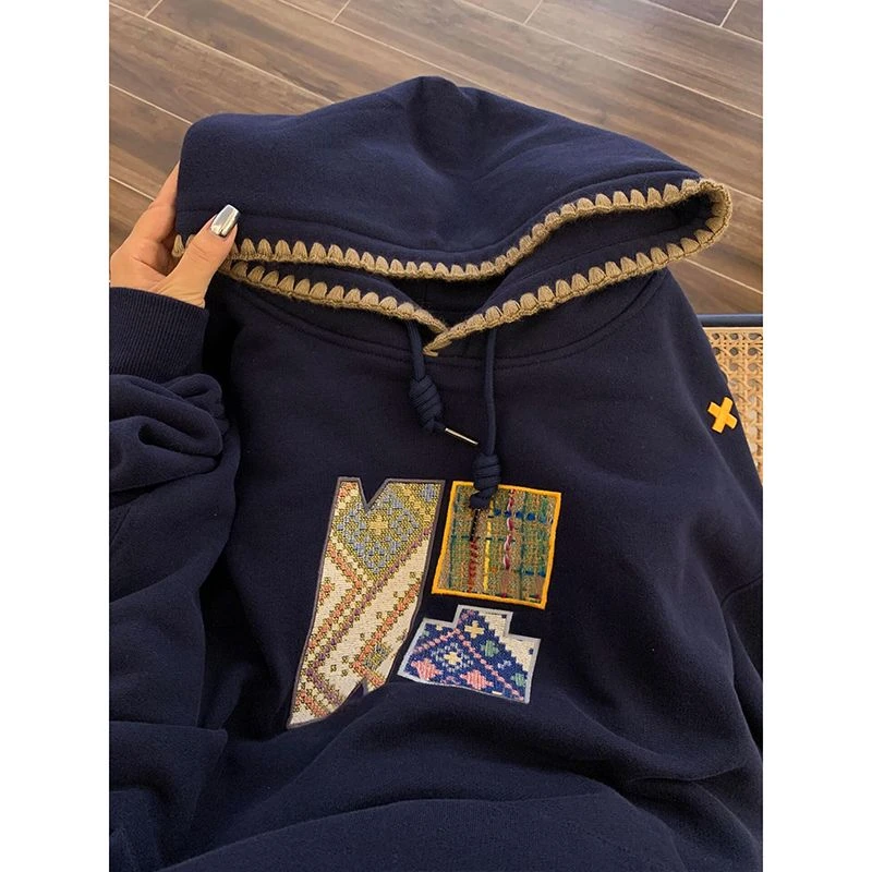 秋冬新款加绒加厚时尚潮牌刺绣连帽卫衣女学生休闲宽松慵懒风上衣