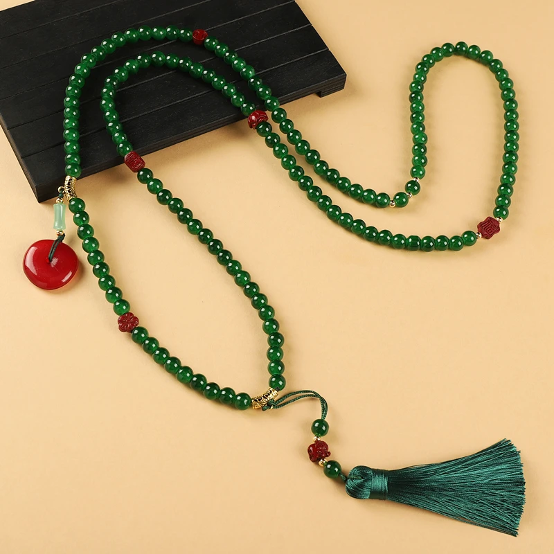 合金项链 中国风108颗串珠长款斜挎链新中式文艺复古女流苏毛衣链