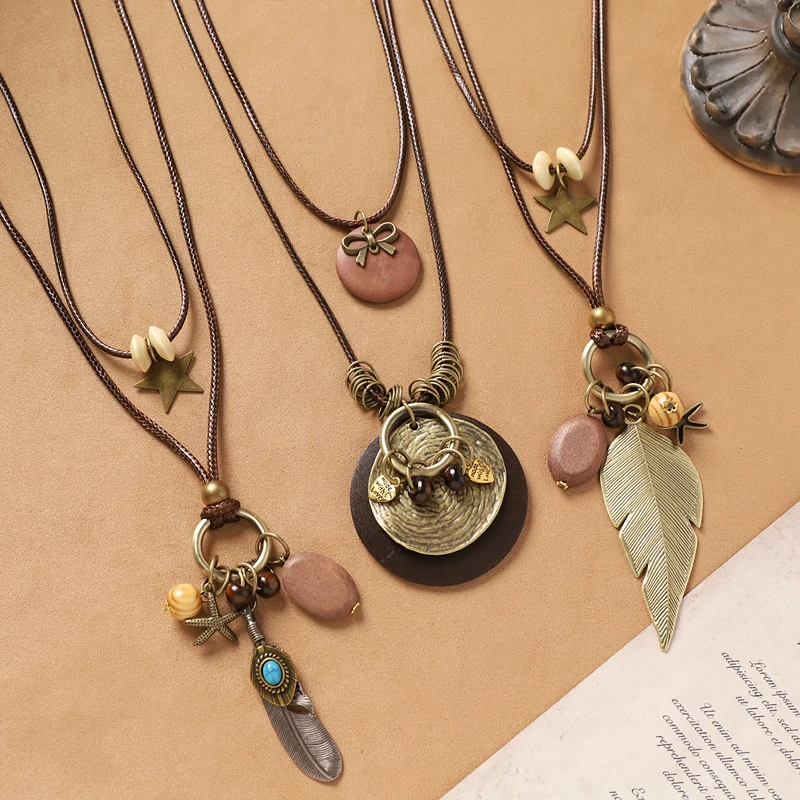 合金木质项链 民族风长款新中式复古文艺毛衣链双层叠戴棉麻配饰